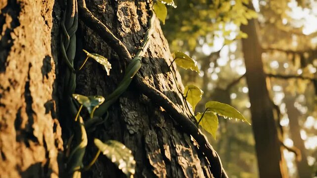 Freen vines climbing tree trunk close-up view