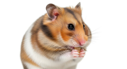 Obraz premium Adorable fluffy golden hamster nibbling on food in a close-up portrait, isolated on a clean white background with copy space