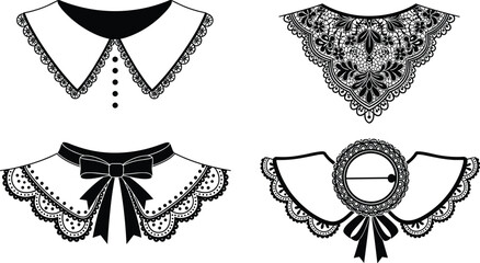 Black vector silhouette set of decorative detachable collars featuring intricate lace patterns embroidery polka dots and elegant ribbon bows for vintage fashion design branding © Abida