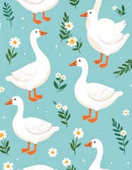 Pattern of geese with daisies on a blue background