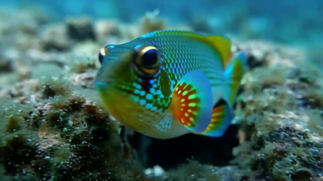 Cute underwater video of colorful juvenile clown triggerfish swimming peacefully around a coral reef environment in tropical ocean waters