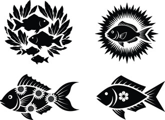 Black vector silhouette set of decorative fish icons with floral patterns and sunburst frames for seafood restaurant menus aquarium logos and aquatic nature branding