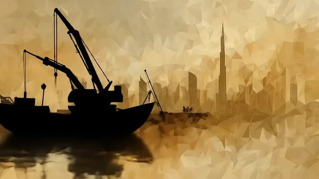 Artistic painting of Dubai skyline with Burj Khalifa and boats.