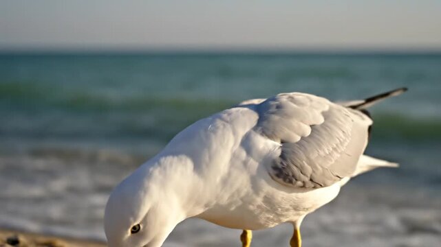 Seagull close-up on sandy beach with ocean background