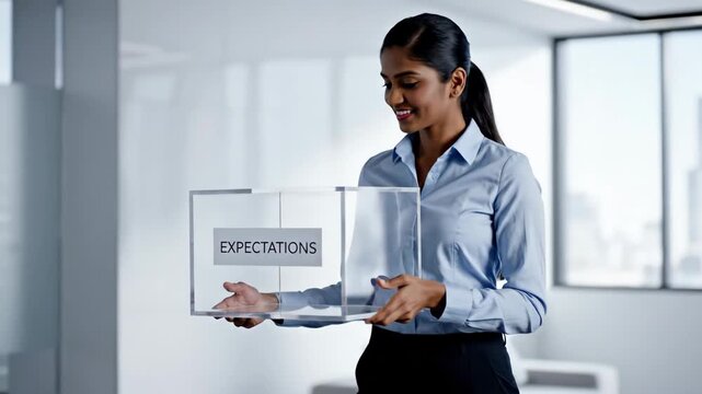 Indian businesswoman holding expectations in a transparent box