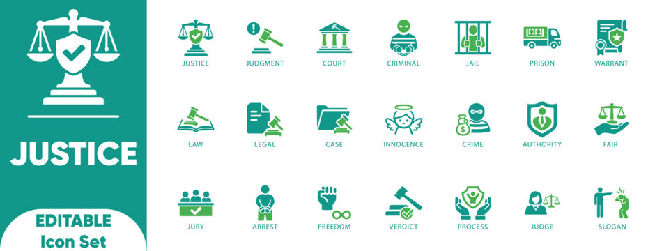 Justice Editable icon set. judge, court, scales, gavel, handcuffs, prison, Ideal for legal, and vector icons.