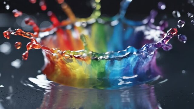 Water droplet splashing creating rainbow crown