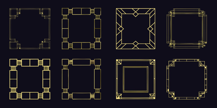 Collection of eight art deco style golden frames on a black background