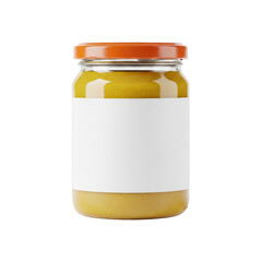 A jar of mustard resting on a white background with a red lid