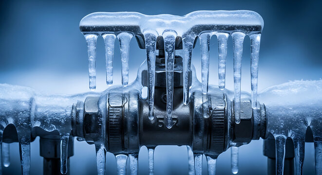 Frozen machinery parts with ice and frost in a cold industrial setting viewed from the front with intricate details