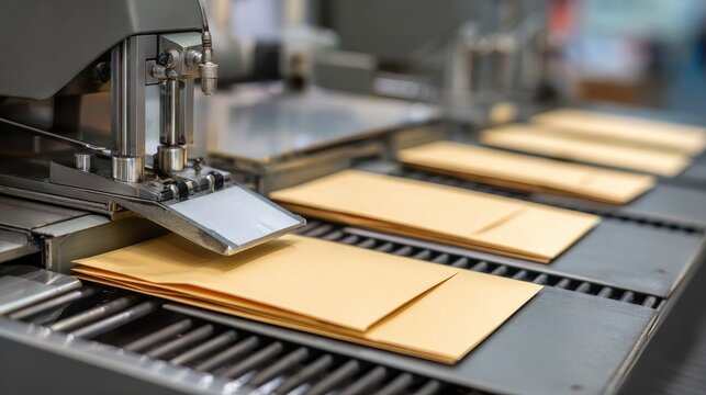 Close-up of a high-speed envelope folding machine in operation, stacking brown envelopes on a conveyor belt in a factory setting.