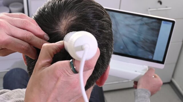 man looks at the results of a trichoscopy performed by a trichologist. Hair condition assessment, hair loss treatment, and dandruff treatment. male pattern baldness, alopecia