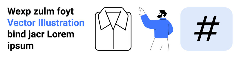 Fototapeta premium Man pointing at formal shirt icon beside a metadata tag inside a light blue square. Ideal for fashion, branding, hashtags, design, business, minimalism, simple landing page