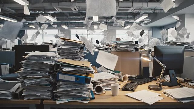Chaotic Office Workspace with Flying Papers and Messy Business Environment