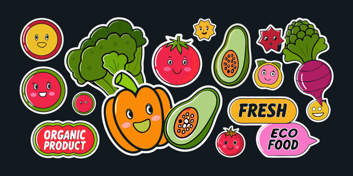 Cute cartoon fruits and vegetables with smiling faces in a sticker set