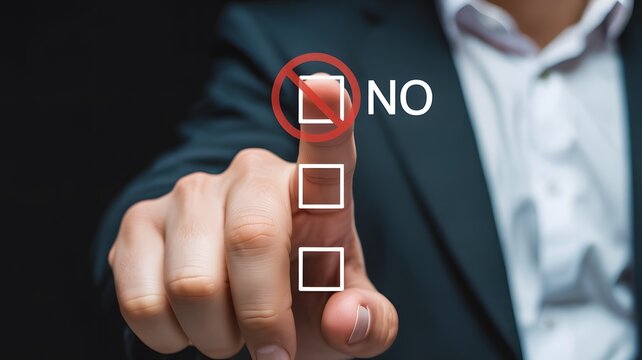Businessman Hand Pressing No Option Checkbox Button on Virtual Screen Decision Concept