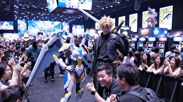 Enthusiastic crowd photographing talented cosplayers posing at comic con, celebrating pop culture, fantasy characters, and gaming in a vibrant convention center atmosphere