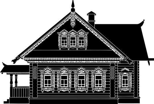 Detailed log cabin house silhouette featuring ornate eaves and window frames