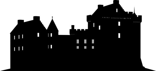 Fototapeta premium Historic castle complex silhouette with multiple turrets and battlements