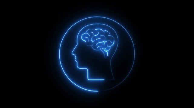 Neon brain icon animation. Futuristic glowing polygonal diagram of the human brain in the form of connected lines. Abstract circuit brain animation. 4k motion
