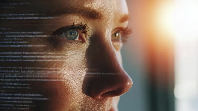 Visionary Gaze: A close-up shot captures the intense focus and determination in the eyes of a woman. Data streams flow, reflecting her analytical thinking and technological prowess.