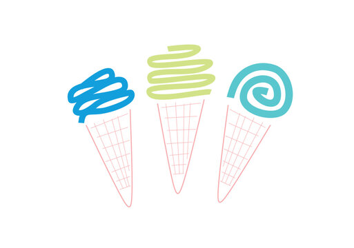 Description: Three vibrant ice cream cones with playful swirls in blue, green, and turquoise. Ideal for summer treats, dessert menus, and creative food concepts. Minimalist illustration perfect