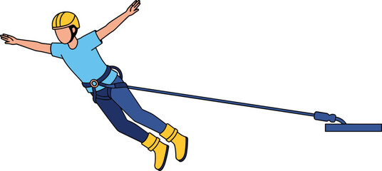 Adventurous person bungee jumping from platform with safety harness and helmet vector illustration for extreme sports outdoor activities and adrenaline thrill concepts. © mstLilima