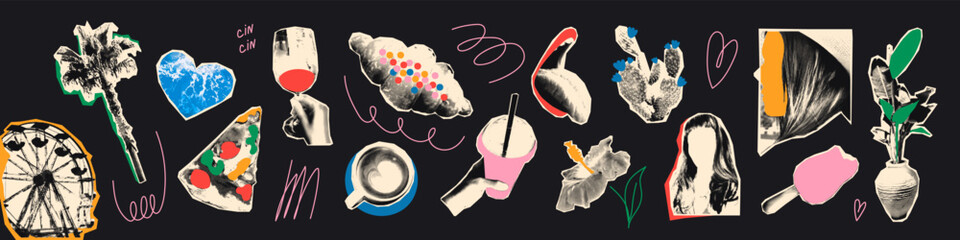 Summer holidays halftone collage elements set Pizza slice, wine, coffee, croissant, Ferris wheel and female silhouettes. Summer vibes, travel and leisure vector illustration for mixed media design © ugguggu