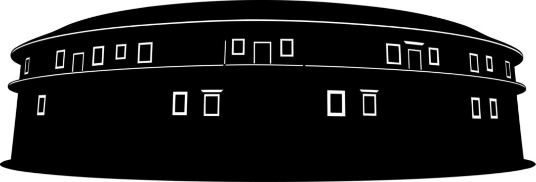 Round stadium building depicted with rows of small windows