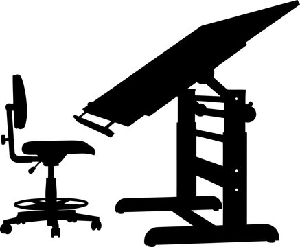 Professional drafting table silhouette with adjustable stool for architectural design