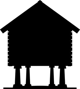 Rustic granary silhouette standing on stone pillars for grain storage
