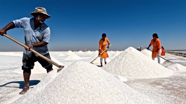 Indian workers collecting and piling natural sea salt for harvest in a salt pan with a clear blue sky, showing manual labor and production in an arid landscape in india