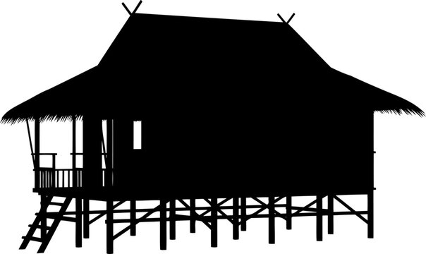 Tropical beach hut silhouette with thatched roof on wooden stilts