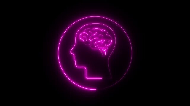 Neon brain icon animation. Futuristic glowing polygonal diagram of the human brain in the form of connected lines. Abstract circuit brain animation. 4k motion
