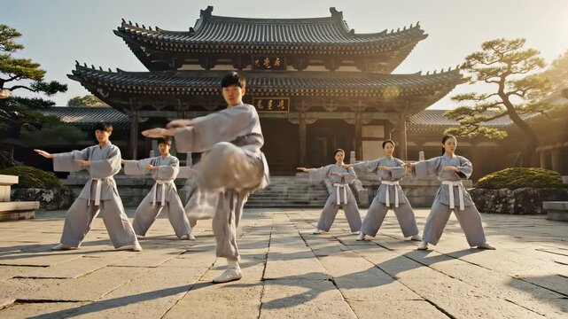 Group of disciplined asian martial artists demonstrating synchronized kung fu choreography in a traditional temple courtyard, showcasing their strength, power, and fighting skills