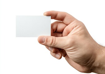 Obraz premium A human hand holding up a blank, white rectangular card against a plain white background