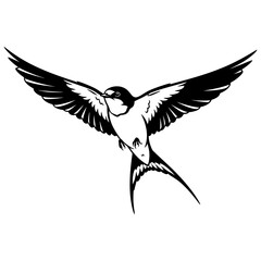 Obraz premium Black and white illustration of a swallow in flight isolated on transparent background with outstretched wings