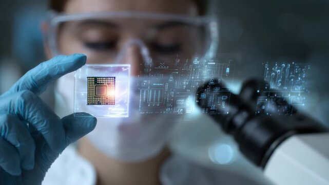 Technological Innovation: A scientist, immersed in the pursuit of scientific discovery, holds a microchip under a microscope.
