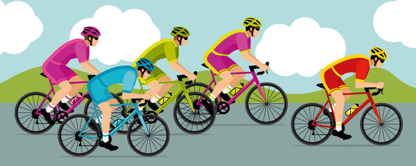 Banner of cyclists competing in a cycling race. Colorful shorts and jerseys. Meadows landscape. Hand-drawn illustration II. © Albachiaraa