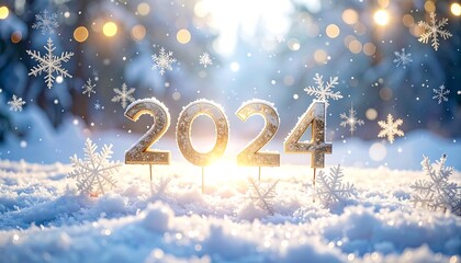 A wintry scene of a snow-covered landscape with the year 2024 displayed among sparkling snowflakes, illuminated by soft sunlight
