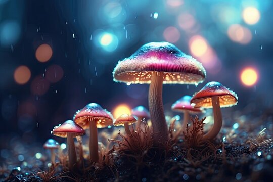Glowing mushroom family, magic psilocybin group, blue forest, hallucinogenic fantasy, psychoactive spores, symbol of drug dependence.