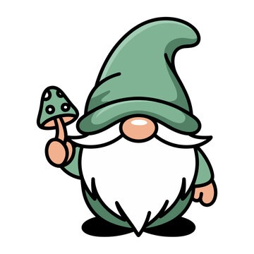 A cartoon illustration of a green gnome with a white beard holding a mushroom on a transparent background