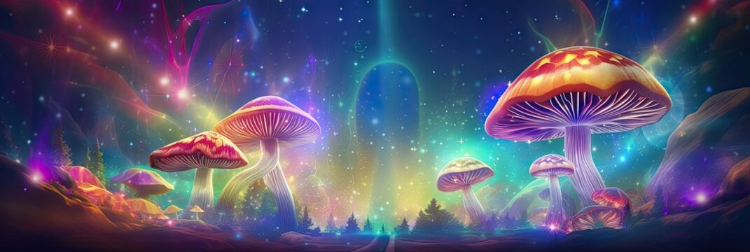 Two purple magic mushrooms, glowing in blue fantasy, psilocybin spores, psychoactive field, hallucinogenic trip, cluster, risk of drug addiction.