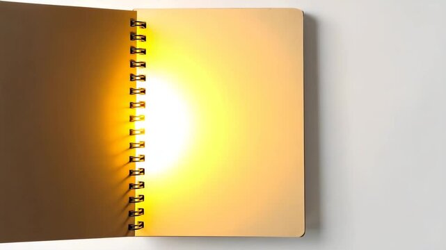 An open notebook is on a desk with light shining from its pages. The light creates a warm glow, inviting curiosity and inspiration for writing