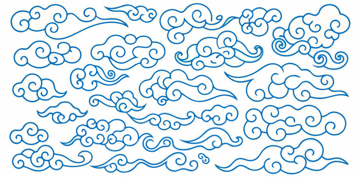 Stylized blue cloud patterns arranged across a white background