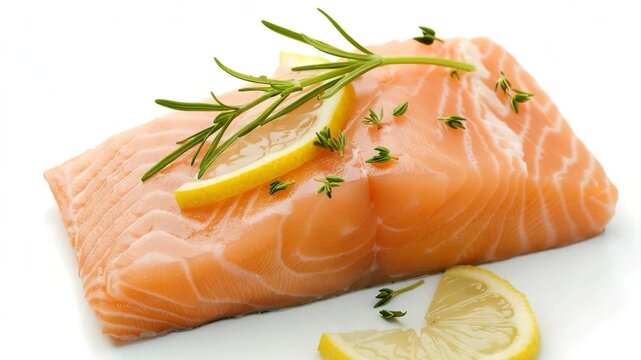 The clip shows a salmon piece being rotated slowly. It is decorated with slices of lemon and fresh herbs on a plain background. The focus is on the salmon as it turns