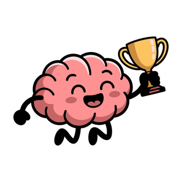 A cheerful cartoon brain character holding a trophy and smiling with joy and success isolated on transparent background