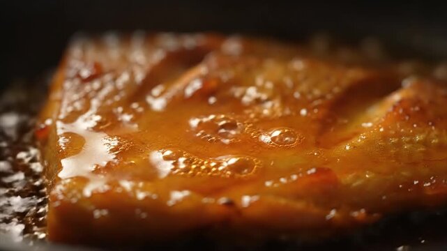 Close-up of Fried Fish Fillet Sizzling in Hot Oil with Golden Crispy Skin
