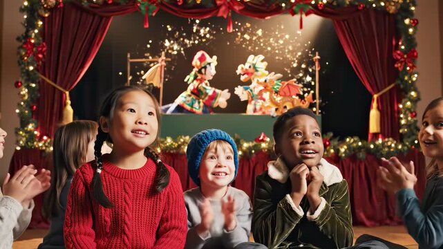Amazed diverse children watching a christmas puppet show with excitement, magic and joy. Children captivated by the magical spectacle, clapping their hands with wonder and happiness