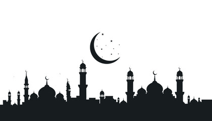 A black silhouette of a mosque cityscape under a crescent moon © md